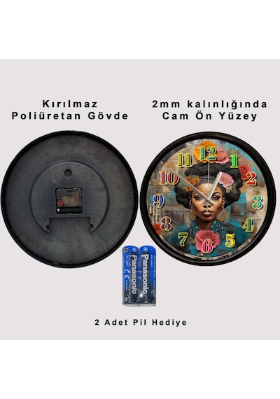 Etnik Afrikalı Kadın Sanat Ve Çiçek Temalı Dekoratif Duvar Saati 28 Cm Sessiz Mekanizma Çok Renkli