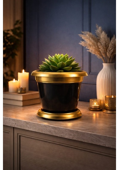 Nf Gold Bilezikli 1,7 Litre Dekoratif Plastik Saksı Siyah