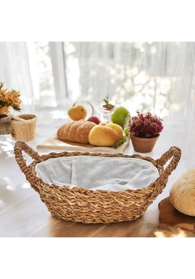 El Yapımı Doğal Hasır Kulplu Çok Amaçlı Dekoratif Oval Sepet, Hasır Kulplu Ekmek Sepeti 27x18x8 Cm Çok Renkli