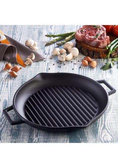 Döküm Yuvarlak Izgara Tava, Metal Kulplu, 30cm, Siyah Çok Renkli