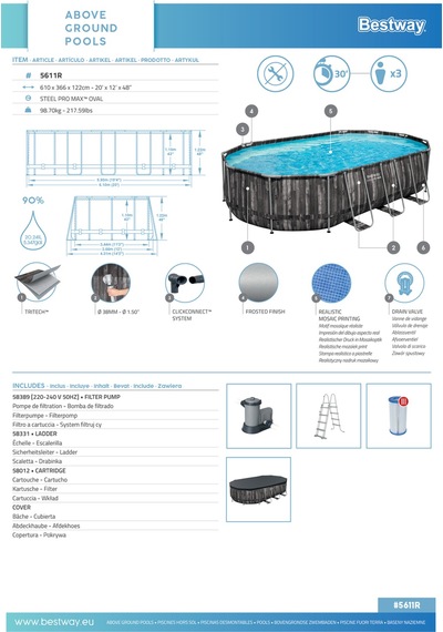 Bestway 5611r Power Steel Prefabrik Yer Üstü Havuz Seti 6,10m X 3,66 M X 1,22 M