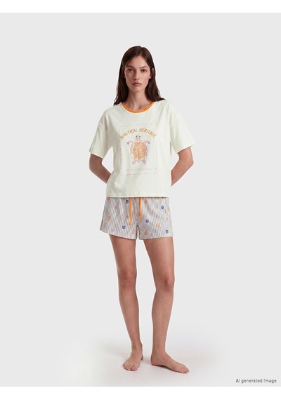 Lcw Dream Ekru Bisiklet Yaka Baskılı Kadın Şortlu Pijama Takımı