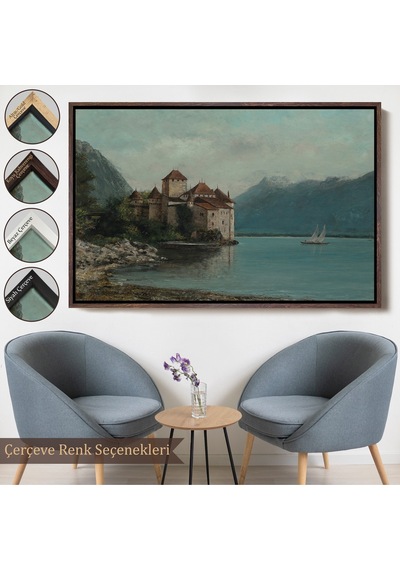 Çerçeveli Gustave Courbet - Cenevre Gölü'ndeki Chillon Kalesi Tablo-7094