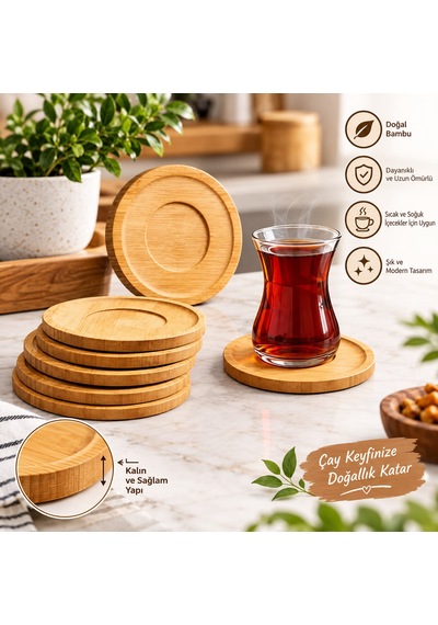 Bambu 6 Adet Yuvarlak Çay Bardağı Tabağı