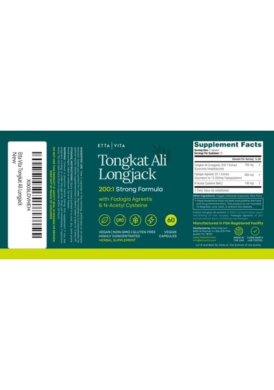 Etta Vita Tongkat Ali Longjack 200:1 Str.ong Formula With Fadogia Agrestis 60 Veggie Kapsül Orijinal Usa Menşeii Dmmedicineden