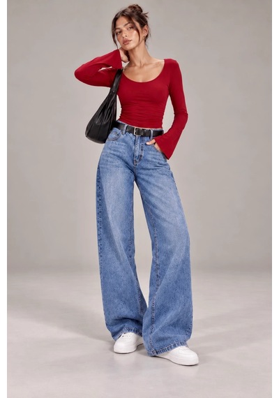 Bbbutikbasic Kadın U Yaka İspanyol Kol Uzun Kollu Slim Fit Bluz My3535 Kırmızı