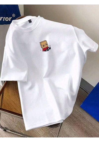 Flood Of Style Unisex Beyaz Karton Yüz Baskılı Oversize