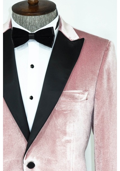 Wessi Kadife Slim Fit Tek Düğmeli Pembe Erkek Balo Ceket - Wessi Pembe