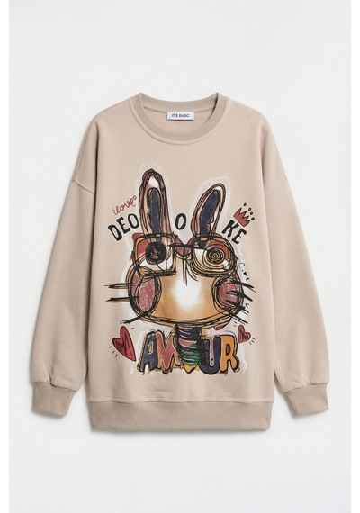 Itsbasic Kadın Ekru Bej W5 Oversize Baskılı %100 Koton Organik Kumaş Sweatshirt