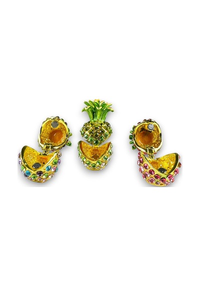 3'lü Ananas Dekoratif Biblo 5 3 CM Gold Renk Rengarenk Taşlı, Açılır Kapanır Model