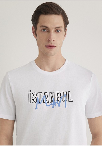 Mavi İstanbul Baskılı Beyaz Erkek T-shirt M067114-620 Beyaz