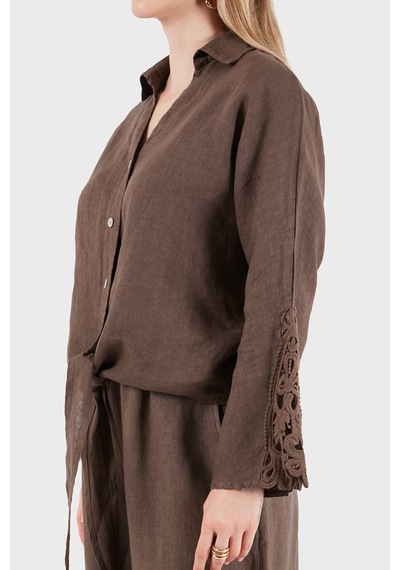 Via Dante Relaxed Fit Güpür Detaylı Uzun Kollu Keten Gömlek Bayan Gömlek 699e31842 Kahve