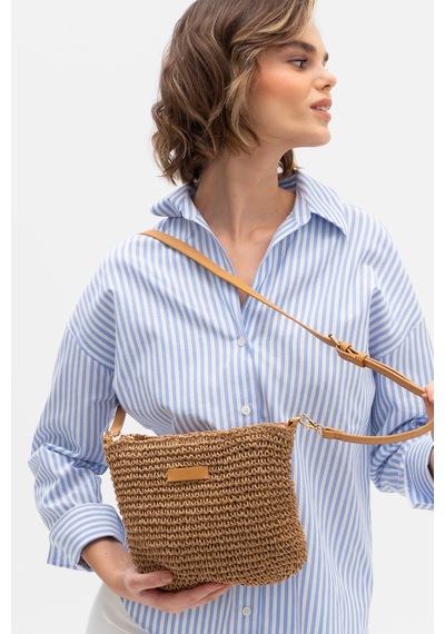 Portföy Clutch Fermuarlı Astırlı Cepli Ayarlanabilir Deri Askılı İthal Örgü Hasır Yazlık Tatil Çanta Camel