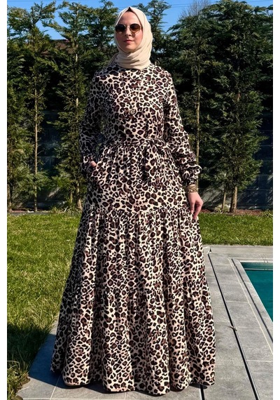 Rabia Şamlı Leopar Desenli Elbise Kahve Normal