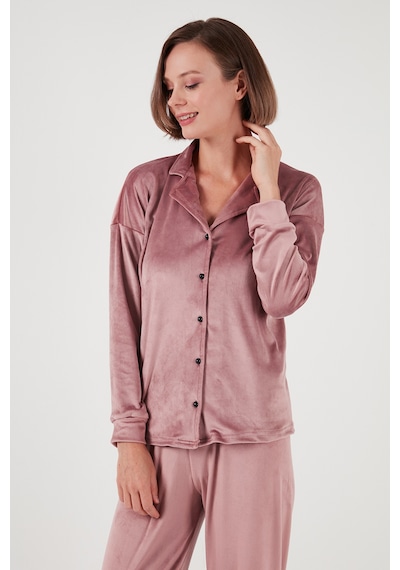 Lela  Regular Fit Parlak Kadife Ribanalı Bayan Pijama Takımı 6097110 Pudra