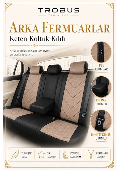 Renault Fluence 2010 Sonrası Uyumlu Leosport Serisi Bej Siyah Ortopedik Keten Koltuk Kılıfı