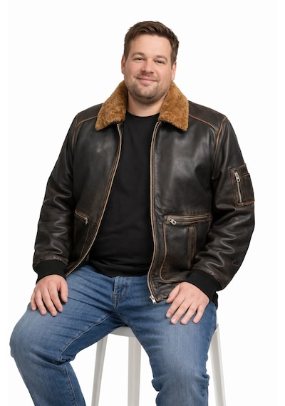Viamod Leather Büyük Beden Erkek Hakiki Deri Ceket Kürk Yakalı Siyah Premium Pilot Model Gerçek Deri Mont Üretici Garantili