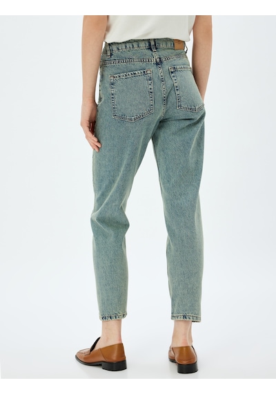 Koton Mom Fit Kot Pantolon Standart Bel Yırtmaç Detaylı Düğmeli Cepli Pamuklu - Mom Fit Jeans Orta İndigo 5wal40060md Indigo İndigo