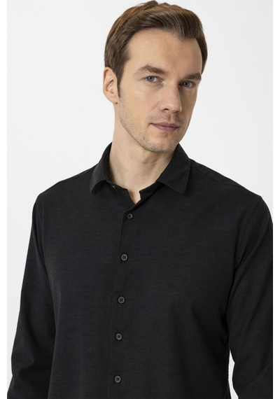 Süvari Siyah Slim Fit Düz Klasik Yaka Gömlek-34083 Siyah