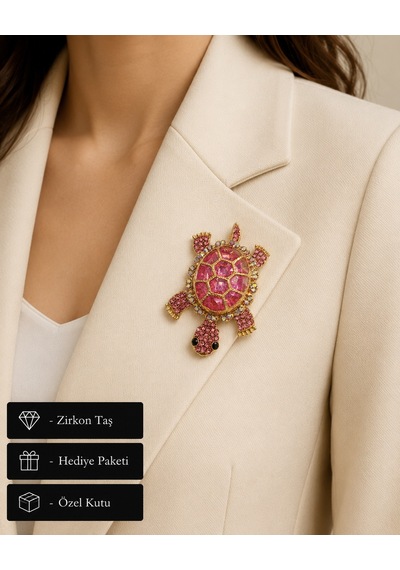 Pembe Taşlı Kaplumbağa Broş Zarafet Ve Şans Simgesi Kadın Yaka İğnesi Açık Gri