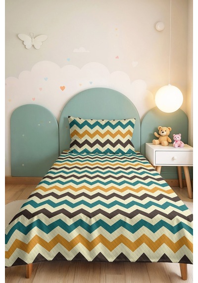 Zigzag Etnik Geometrik Genç Odası Tek Kişilik Pike Takımı - Sarı Antrasit 160x220 Cm Yatak Örtüsü Ekru