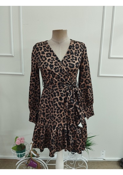 Kadın Uzun Kollu Kruvaze Yakalı Belden Bağcıklı Kısa Leopar Desenli Modal Elbise