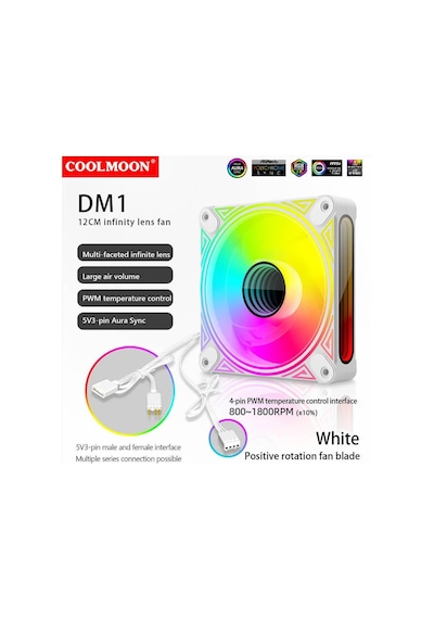 Coolmoon - Dm1 12cm Kasa Fanı 5v 3pin Argb Aura Sync 12v 4pin Pwm Soğutucu Fan - 120mm - Beyaz