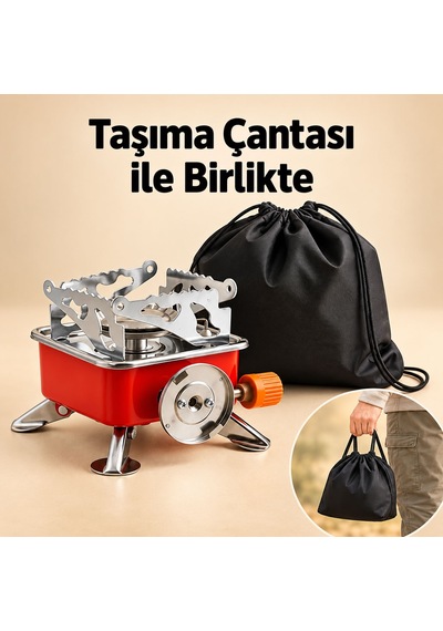 Taşınabilir Mini Portatif Kamp Ocağı Tek Gözlü Kırmızı Renk Kartuşlu Manyeto Çakmaklı Piknik Ocak