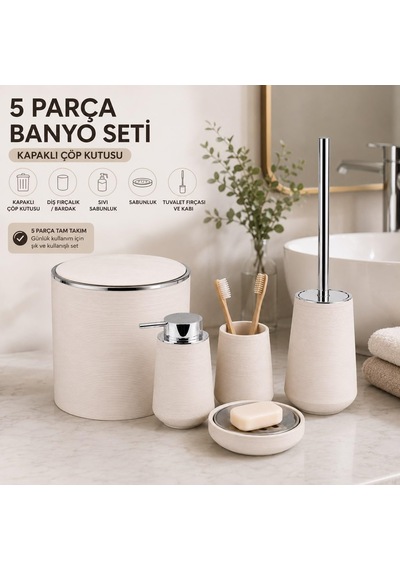 5 Parça Banyo Seti, Kapaklı Çöp Kutusu, Sıvı Sabunluk, Diş Fırçalık, Sabunluk Ve Tuvalet Fırçası, Şık Mod Diğer