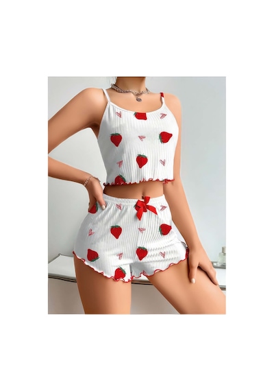 Lily Bianca Nightwear Çilek Desenli Askılı Mini Şortlu Penye Gecelik Beyaz
