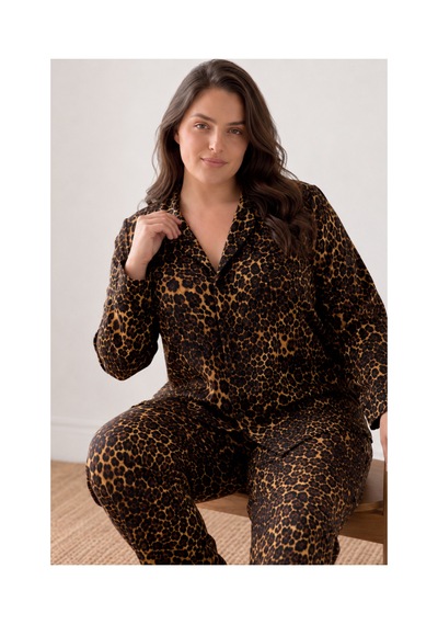 Fit Women Kadın Rahat Desenli Düğmeli Kahve Pijama Takımı 827 Kahverengi