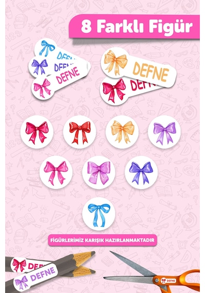 Okul Etiketi Kalem Defter İsimli Etiket Isim Yazılabilen Fiyonklu Set - 190 Adet Özel Tasarım Etiket Çok Renkli