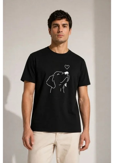 Butik İstanbul Erkek Köpek Figürlü Minimal Baskılı Tişört Kısa Kol Yazlık T-shirt - Siyah