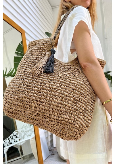 Matthew Cox Zebra Desen Fermuarlı Astarlı Cepli Omuz Askılı Sahil Plaj Beach Club Hasır Çanta Camel