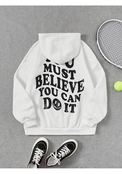 You Must Believe Sweatshirt - Beyaz Baskılı Oversize Kapüşonlu Beyaz