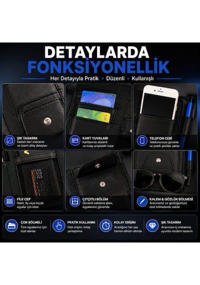 Polham Çok Fonksiyonlu Araç Güneşlik Cüzdanı Organizer Telefon, Kart, Gözlük Ve Kalem Bölmeli Organizer