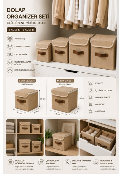 Dolap Düzen Seti 4lü Organizer Kutu 2 Adet 20x20x20 Cm + 2 Adet 25x25x25 Cm Kapaklı Jüt Saklama Kutusu Doğal