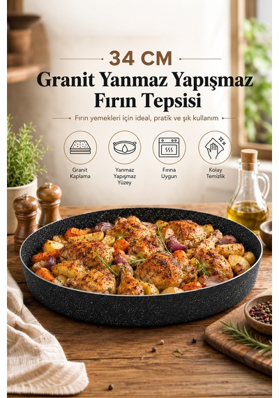 Granit Döküm Yuvarlak Fırın Tepsi Yanmaz Yapışmaz Yüksek Isıya Dayanıklı 34 Cm