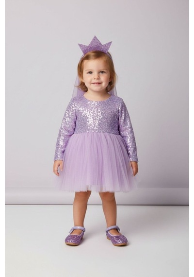 Le Mabelle Lila Pullu Uzun Kollu Kız Bebek Elbise - Berry Lila
