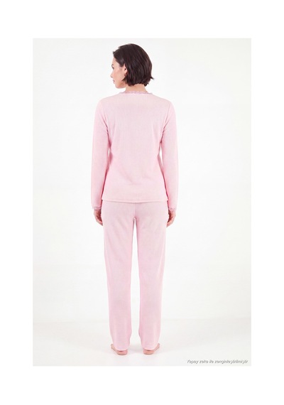 Lela Desenli Dantel Detaylı Bağlamalı Uzun Kollu Pijama Takımı Kadın Pijama Takımı 6575024 Pembe