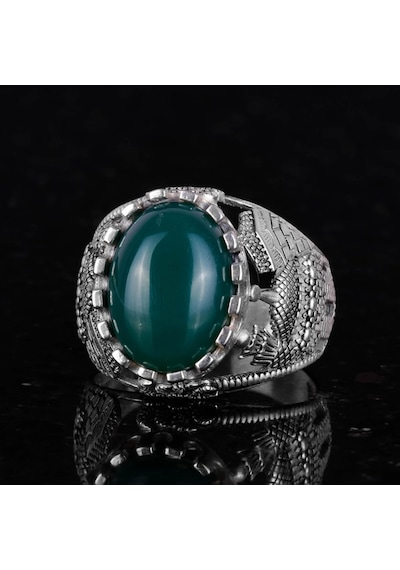 İslami Doğal Jade Taş Yüzük - Sakin 925 Ayar Gümüş Erkek Yüzük - Uyum Ve Refah Tasarımı Gümüş