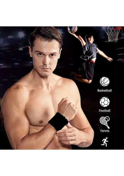 2 Adet Düz Renk Spor Fitness Ter Havlu El Bileklikleri Pamuklu Likralı Siyah