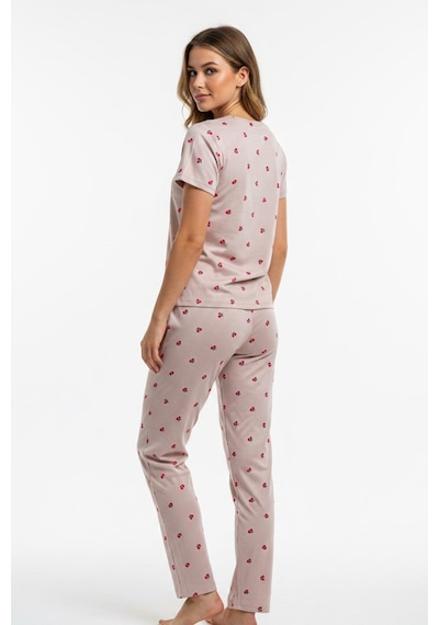 Kompedan Kadın Bisiklet Yaka Yumuşak Dokulu Küçük Kiraz Desenli Kısa Kol Pijama Takım Kahve 70132-4665