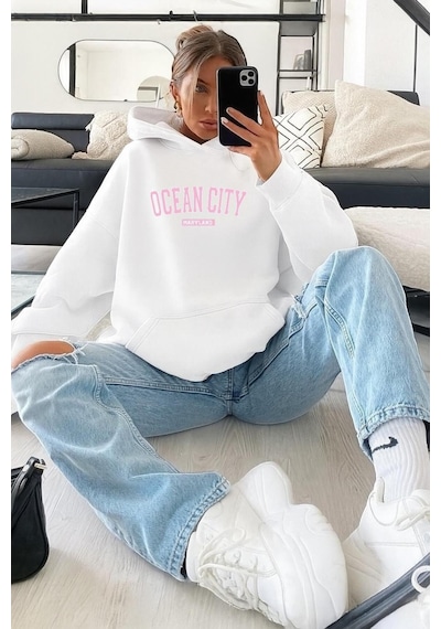 Benroma 3 İplik Penye Ocean Cıty Baskılı Sweatshırt Beyaz