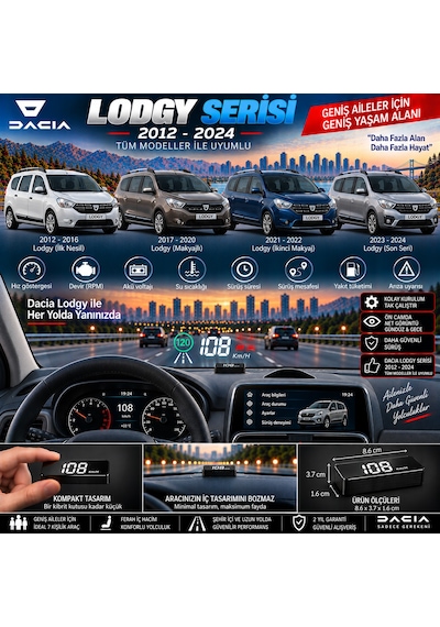 Dacia Lodgy 2021-2026 Modeller İçin Head Up Display Hayalet Gösterge Ekranı Ön Cam Hız Göstergesi