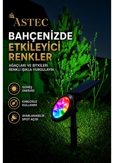 Astec Solar Güneş Enerjili Rgb Kazıklı Bahçe Aydınlatma Lambası 18w Dış Mekân Led Spot Çok Renkli