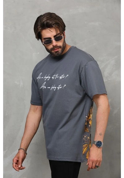 Erkek Bisiklet Yaka Baskılı Oversize T-shirt - Füme Füme