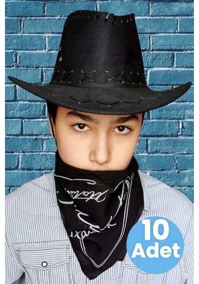Uniquetrenders Çocuk Unisex Bandanalı 10'lu Nubuk Kovboy Şapkası 8-14 Yaş Siyah 6