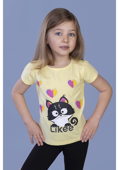 Toontoy Kids Toontoy Kız Çocuk Baskılı Bisiklet Yaka Kısa Kollu Tişört Sarı