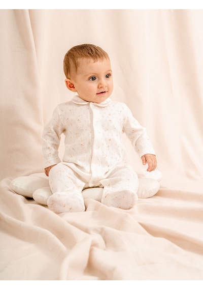 Kidaxi Jakarlı Baskılı, Bebe Yakalı, Patikli Bebek Tulum 1-3 / 3-6 / 6-9 / 9-12 Ay Ekru